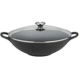 Le Creuset - Wok de hierro colado esmaltado con tapa de cristal, 32 cm, color negro