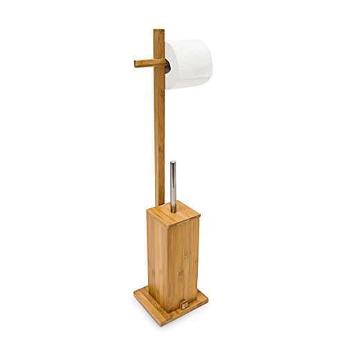 Relaxdays Stand WC Garnitur H x B x T: 75 x 17 x 15 cm freistehender Toilettenbürstenhalter aus Bambus mit Rollenhalter und Toilettenbürste als Klorollenhalter als praktische WC Bürstengarnitur, natur
