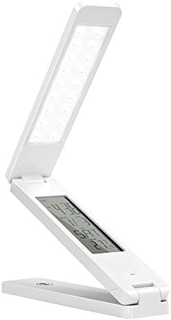 3-segment folding LED multi-function intelligent lights 3nd gear dimming mode Rechargeable Portable Table desk Lamp Alarm clock calendar thermometer Touch Lamp for Bedroom, Office, Learning and reading ( Color : White )