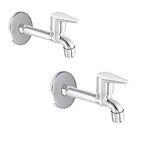 Laysan Fusion Stainless Steel Brass Long Body Tap with Foam Flow, Bathroom Bib Cock Tap for Kitchen with Mirror Polished Wall Flange & Teflon Tape (Standard; Silver) - Pack of (2)