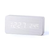 Forepin® Stilvoll Holz Wecker Digital Uhr mit Sound Control und LED-Licht-Anzeige Tischuhr Alarm Dekorationen für das Haus und Büro, Angetrieben durch USB oder Batterie - Rechteck Gestalten (Weiß + Weiß Licht)