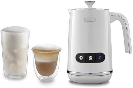 De'Longhi LatteMix EMF3.W Montalatte Automatico per Latte Vaccino e Vegetale, Funzioni Schiuma Calda e Fredda, Coperchio Trasparente, Comandi a Tre Pulsanti, Capacità 250 ml, Bianco