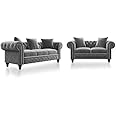 Expert Wood Art 3+2=5 Modern Classic Chesterfield Sofa Engineered Wood Button Tufted Five Seater Sofa Set Luxury for Home Living Room, Hallway & Office (Grey)