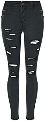 Wgwioo Women Jeans Carbon Black Elasticity Nine Pants High Waist Denim Disco Skinny Stretchy Zipper Pocket Leggings Slim Pencil Ripped Frayed Trouser . Black . 36