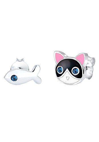 Elli Ohrringe Kinder Katze Fisch Verspielt mit Kristalle in 925 Sterling Silber