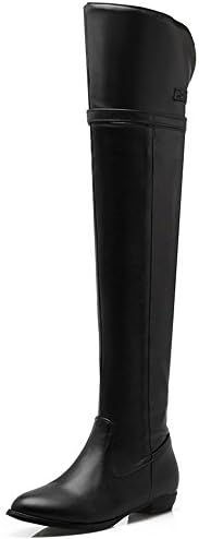 Women's Over The Knee Block Heel Flat Long Riding Biker Buckle Waterproof Winter Zip Leather Boots Size 8 UK Black