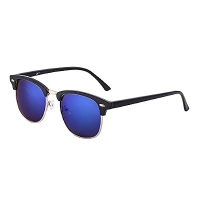 JM Lunettes de soleil Clubmaster Wayfarer Classique Femmes Hommes Demi-cadre Semi Rimless Lentilles Revo UV400 (Noir brillant/Bleu Revo)