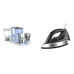 Philips Amaze HL7576/00 600-Watt Juicer Mixer Grinder with 3 Jars (Celestial Blue/Bright White) & Philips GC181 Heavy Weight 1000-Watt Dry Iron (Black)