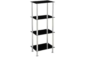 Modernique Glass Shelf Tier Storage Unit, Rectangular Shape in Black or Clear Glass with Chrome Stand, Shelving Unit (Black, Tier 4)