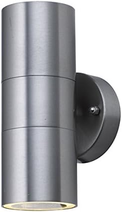 Stainless Brushed Steel Outdoor Up &amp; Down Twin Wall Light IP44 Mains 240V - 2 x FREE GU10 Lightbulbs