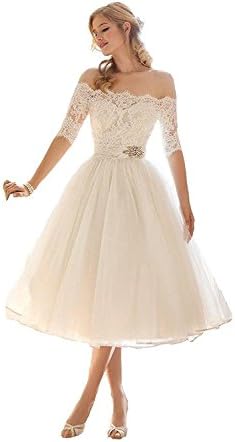 Carnivalprom Women's Lace Appliques Wedding Dresses Tea Length Bridal Gown With Sleeves 12 White