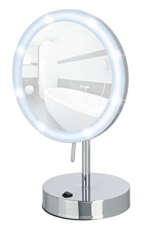 WENKO 3656490100 LED Standspiegel Aura – Kosmetikspiegel, mit hochwertigem Acrylrahmen, Spiegelfläche ø 16.5cm, 500% Vergrößerung, Stahl, 20 x 32 x 14 cm, Chrom - 2