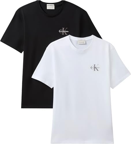 Calvin Klein Uomo T-Shirt Maniche Corte Confezione da 2 Classic Micro Monologo con Scollo Rotondo, Nero (Black/Bright White), L