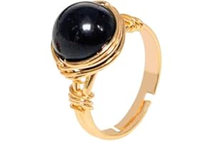 WLLDDDIU ASDFY Natürlicher Schwarzer Turmalin-Ring, Rund, Kristall, Goldfarben, Drahtwickelring, Verstellbar, Offene Steinringe, Reiki-Balance, Knöchel-Fingerringe, Ewigkeitsring Für Frauen, Mädchen, Männer