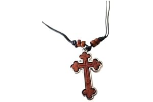 IconsGr tvåsidig kristen ortodoxa grekiska religiösa hängsmycke halsband med trä/rostfritt stålkors/52