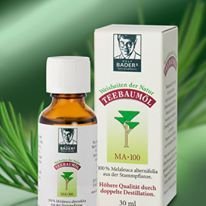 BADERs Teebaumöl MA-100, 30ml. Pharma-Qualität, doppelt destilliert. 100% reines melaleuca alternifolia. Hilfreich bei unreiner Haut, Akne, Warzen etc. Lichtschutz-Faltschachtel. Pharma-Nr: 0237966 - 3