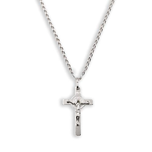 Cruz Plana con Cristo y San Benito 27x17 mm con Cadena Bilbao 40 cm. Plata de Ley 925 milésimas