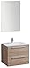 Produktbild Badmöbel-Set M600 Eiche geweißt mit Glaswaschbecken - Spiegel optional, Spiegel:Mit LED-Spiegel 2137, Waschbecken Glasart:Weiß matt