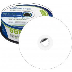 MediaRange MRPL612 Rohlinge und Speichermedien DVD-R 4,7GB/120min 16x speed, inkjet fullsurface printable, Waterguard, high-glossy and wide sputtered, Cake 25 weiß