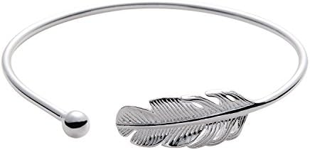 Chiconon Women S925 Sterling Silver Bangle Feather Bracelet Open Adjustable Charm Cuff Bracelet Jewellery
