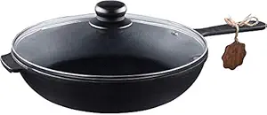 Texas Element Maysternya T204C3 Cast Iron Frying Pan with Glass Cover 28 cm, Black