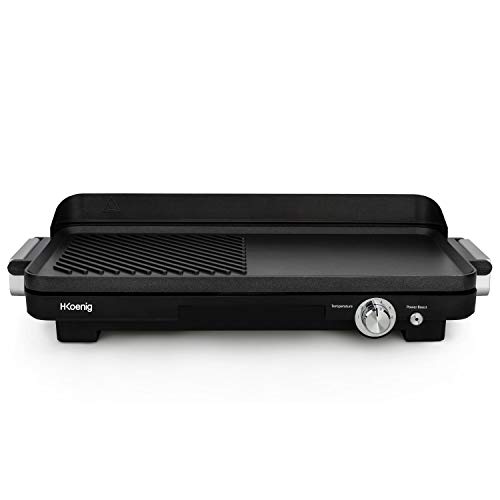 H.Koenig GRX330 Grill et Plancha Electrique Compact 2 en 1 Professionnel, pour Intérieur, Plaque Amovible et compatible lave-vaisselle, Revêtement Antiadhésif, Viande, Poisson, Légumes