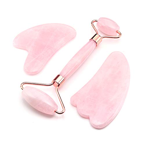 CrystalTears Rose Quartz Jade Roller Face Massager Gua Sha Massage Tool Scraping Tool Multiform Gua Sha Board Set/Tree of Life Beads Bracelet/Yoni Eggs/Natural Gemstone Decoration Set