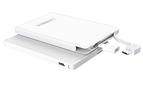 Litionite   Tessius Mini 2500mah Power Bank Batterie Externe Portable Poche Petit comme une carte de cr  dit avec c  ble USB Micro int  gr     Lightning iPhone Adaptateur cach    Chargeur Ultra Mince de secours Universel avec design moderne pour tous les mod  les Smartphone et Tablet  White 