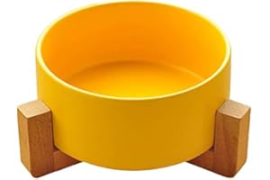 SP SEMPRE + ciotola singola per cani e gatti in ceramica da 850ML in bambù, rialzata e sollevata da terra, base antiscivolo con 4 cuscinetti (SINGOLA 15.5 CM, GIALLO)