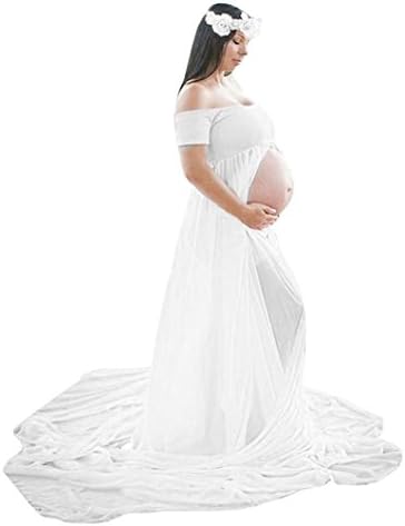 Sunday Pregnant Dress Shore Sleeve Sexy Pregnant Women Photography Props, Maternity Gown Split Front Photo Shoot Dress, Maternity Photographic Skirts (XL, White)
