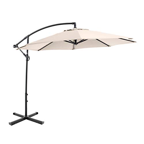 SORARA Parasol Déporté Jardin | Beige/Sable| Ø 300 cm / 3m | Rond CHEPRI | Commande à manivelle | INCL. Pied en Croix pour Parasol