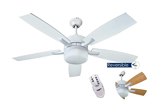 bastilipo Ventilateur de plafond avec télécommande E27, 60 W, Blanc, 132 x 45 cm