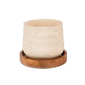 Lasaki PL99 White with Plate Tray Wooden wp5 Ceramic Pots for Indoor Plants,Planters,Flower pots,gamla for Indoor,Outdoor,Succulent Pot
