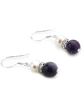 Silvity Damen Süßwasser-Zuchtperlen -Ohrringe 925 Silber lila farbigen Amethyst-Edelstein ca. 6.0 - 5.5 mm 804203-20