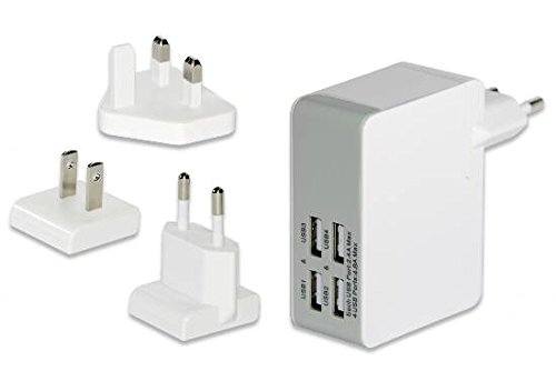 ednet Universal USB Reise Ladeadapter / Ladegerät, 4-Port, max. 5V/4.8A, 3 Stecker EU/US/UK, weiß