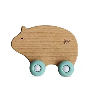 Little Rawr Wood Wheelie Teether | BPA Free Silicone | Teether for Baby | Animal/Blue, One Size