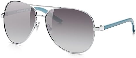 Sunglass Junkie Over-sized Mirror Sunglasses for Women: 100% UV Blocking Smoke Purple Gradient Lenses in Silver Metal Aviator Shape Frame with Strong Blue Polycarbonate Plastic Arms. Sun Filter Cat 2
