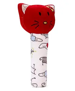 Pikipo Kitty Face Rattle Cum Soft Toy (Squeeze Handle for Squeaky Sound)-Plush,Red,Pack of 1