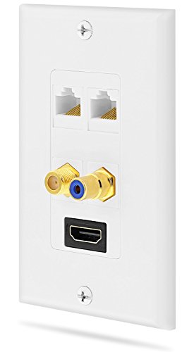 Fosmon Technology Wall Plate w/ Gold-Plated High Speed HDMI Port w/ Ethernet, Dual RJ45 Ethernet Ports, Coaxial Port, and RCA Audio Port - White