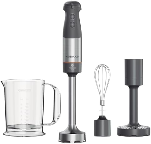 Kenwood Triblade XL+ Frullatore ad Immersione, Mixer, Asta in Acciaio Removibile, Dotato di Frusta a Filo, Schiacciaverdure e Bicchiere Graduato con Manico da 0,75L, Potenza 1000watt,Grigio