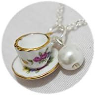 Dtsang Tea Cup Necklace, Pearl Necklace, Tiny Pink Tea Cup Set, Cooking Party Jewelry, Coffee Cup Necklace