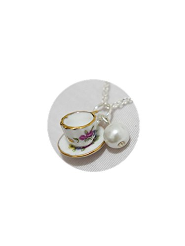 Dtsang Tea Cup Necklace, Pearl Necklace, Tiny Pink Tea Cup Set, Cooking Party Jewelry, Coffee Cup Necklace