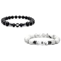 Mister Boncuk Couple Forever Personalisiertes Couple Armbänder aus schwarzen Onyx- & Howlith Natursteinen mit Hämatit zwischen Perlen. Armbänder für Paare - Partner - Pärchen - Namensarmband - Namensarmbänder - Ideal als Geschenkidee