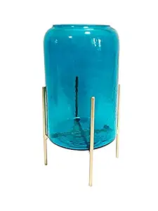 CURIO CRAFTS Glass Hammered Cylinder Vase with Stand (17 X 17 X 30.5 cm, Teal)