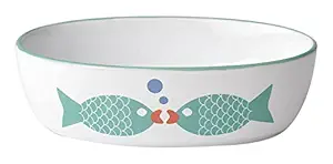 PetRageous 13057 Bubble Fish Oval Dishwasher Safe Stoneware Cat Bowl 6.5-Inch Long 4-Inch Wide 2-Inch Tall 2-Cups Capacity for Cats, White