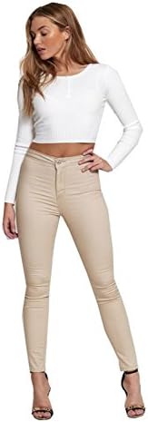Divadames Womens High Waisted Beige Skinny Jeans Ladies Plain Beige Casual Trousers Slim Fit Jeans Size UK-10