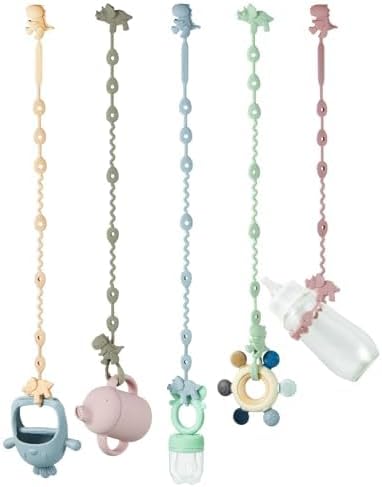 PandaEar Silicone Toy Straps for Baby- 5 Pack Dinosaur Baby Toy Safety Straps- Adjustable Pacifier Teether Holder Straps- Silicone Dummy Clips for Bottles, Strollers, High Chairs, Cribs