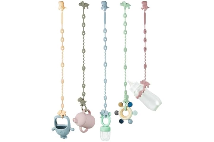 PandaEar Silicone Toy Straps for Baby- 5 Pack Dinosaur Baby Toy Safety Straps- Adjustable Pacifier Teether Holder Straps- Silicone Dummy Clips for Bottles, Strollers, High Chairs, Cribs