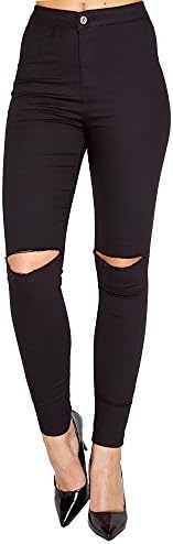 EnviousFashion High Waisted Skinny Fit Stretch Jeans Jeggings (10, Black Knee Ripped)