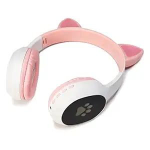 WK LIFE BORN TO LIVE K10 Kids Headphones with Mic for Birthday Girls/Boys Cat Ear Bluetooth, Foldable LED Light Up Headphones with Micro SD Card Slot (Pink)